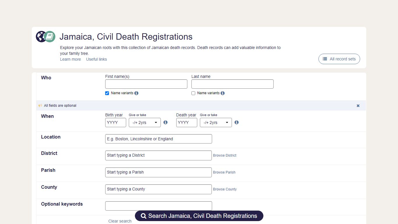 Jamaica, Civil Death Registrations, World | findmypast.com